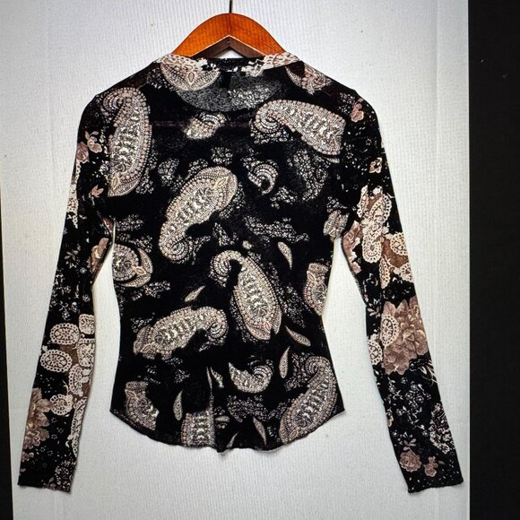 Vintage Karen Kane Opaque Black Brown Paisley Long Sleeve Round Hem Top Medium - Picture 4 of 11